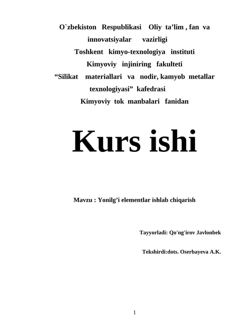 Yonilg’i elementlar ishlab chiqarish 1