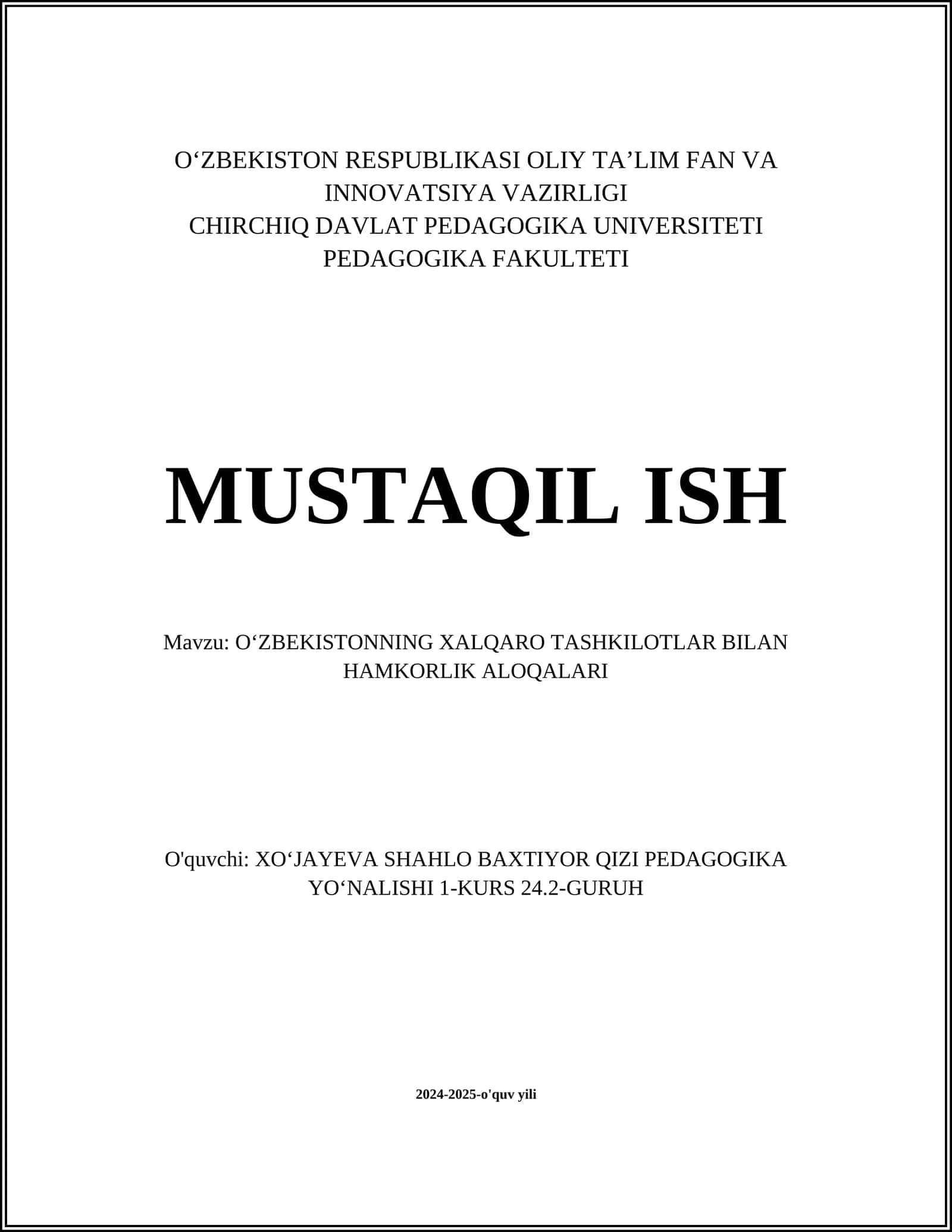 O‘ZBEKISTONNING XALQARO TASHKILOTLAR BILAN HAMKORLIK ALOQALARI 1