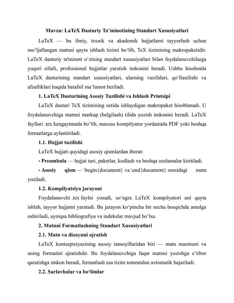 LaTeX Dasturiy Ta’minotining Standart Xususiyatlari 1