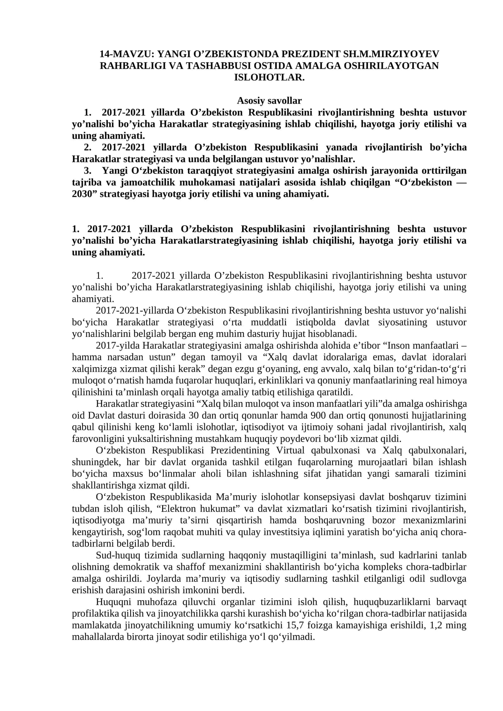 Yangi O’zbekistonda Prezident Sh.M.Mirziyoyev Rahbarligi va Tashabbusi Ostida Amalga Oshirilayotgan Ishlohlar 1