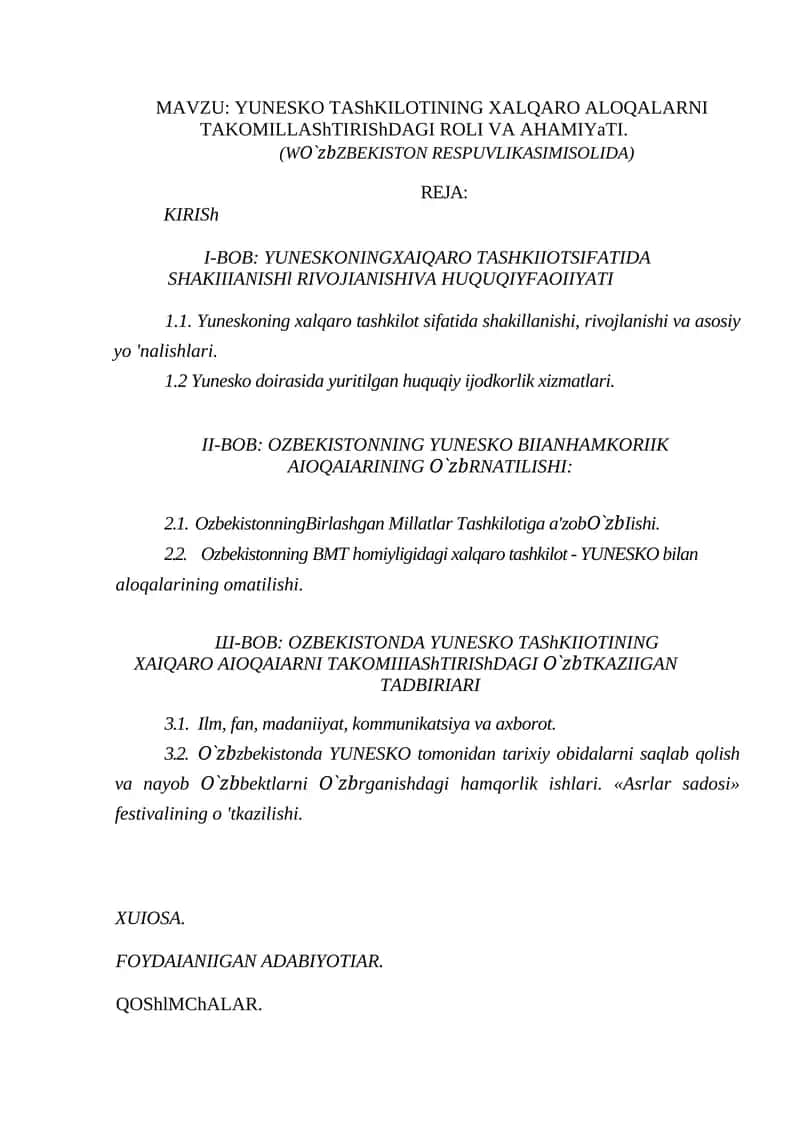 YUNESKO TAShKILOTINING XALQARO ALOQALARNI TAKOMILLAShTIRIShDAGI ROLI VA AHAMIYaTI 1