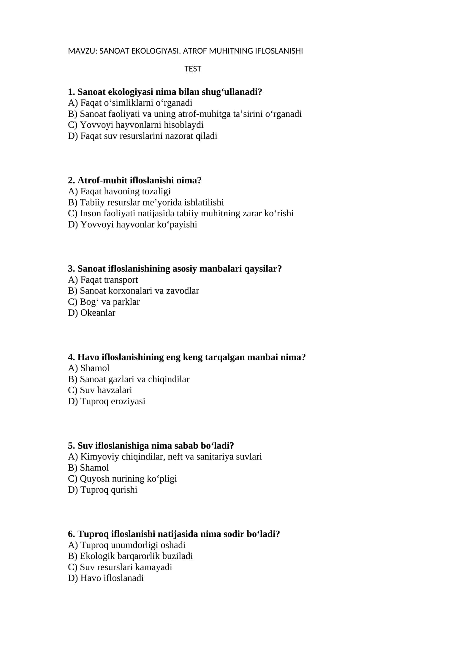 SANOAT EKOLOGIYASI. ATROF MUHITNING IFLOSLANISHI 1