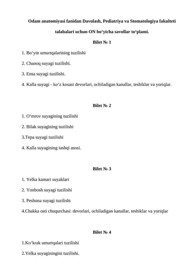 Odam anatomiyasi biletlari 1