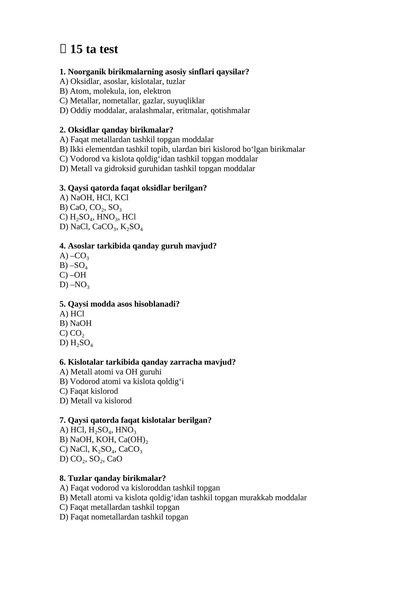 Noorganik birikmalar haqida test 1