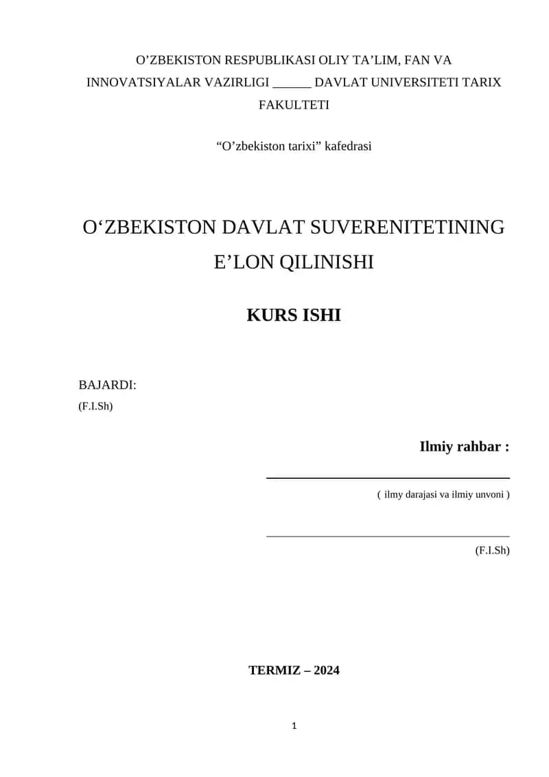 O'zbekiston Davlat Suverenitetining E'lon Qilinishi Kurs Ishi 1