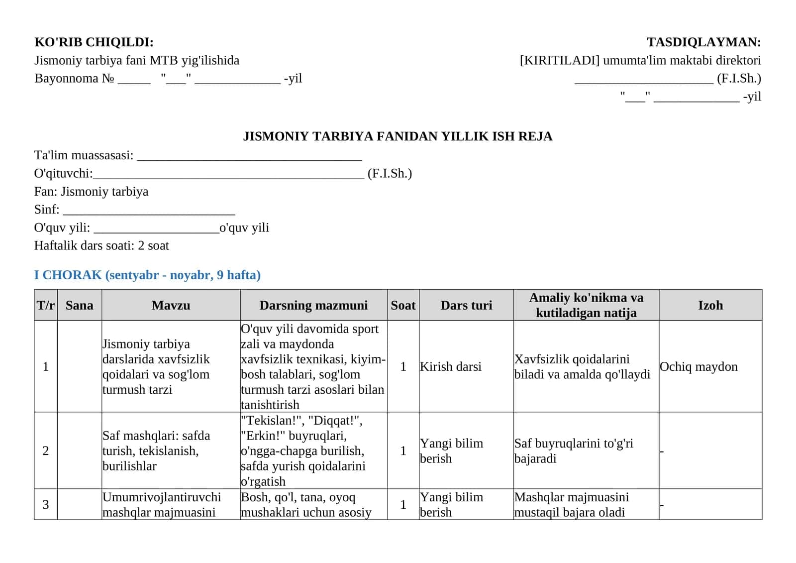 Jismoniy tarbiya fanidan yillik ish reja namunasi       Jismoniy tarbiya yillik ish reja 1