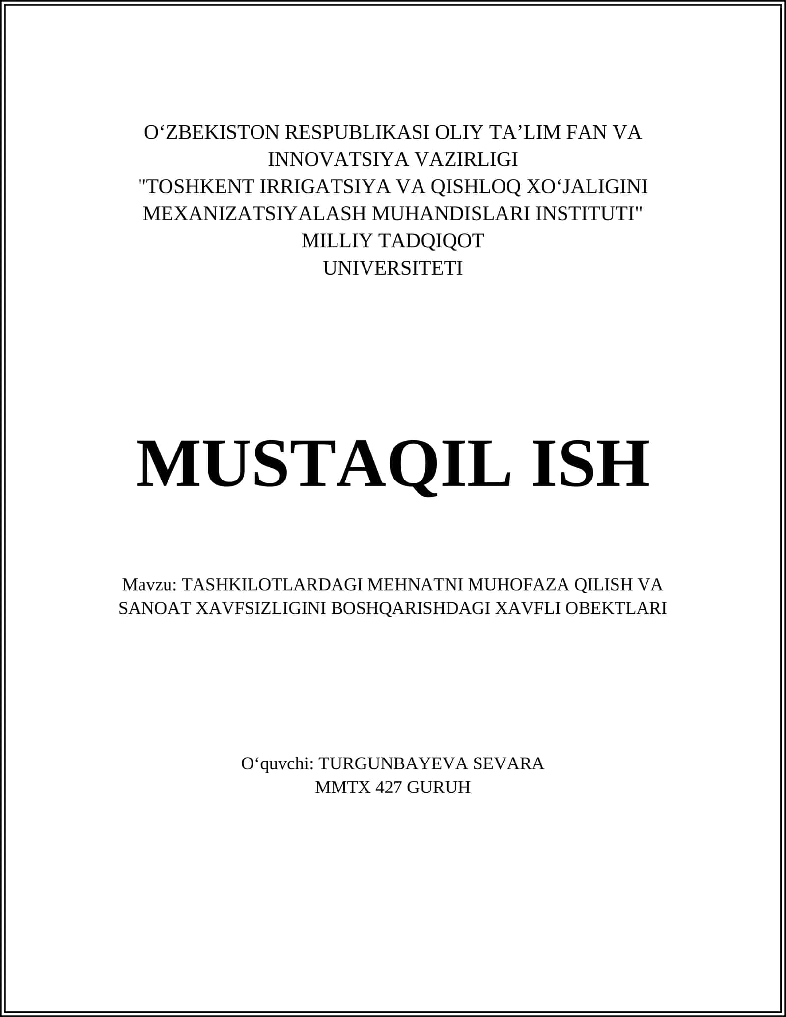 TASHKILOTLARDAGI MEHNATNI MUHOFAZA QILISH VA SANOAT XAVFSIZLIGINI BOSHQARISHDAGI XAVFLI OBEKTLARI 1