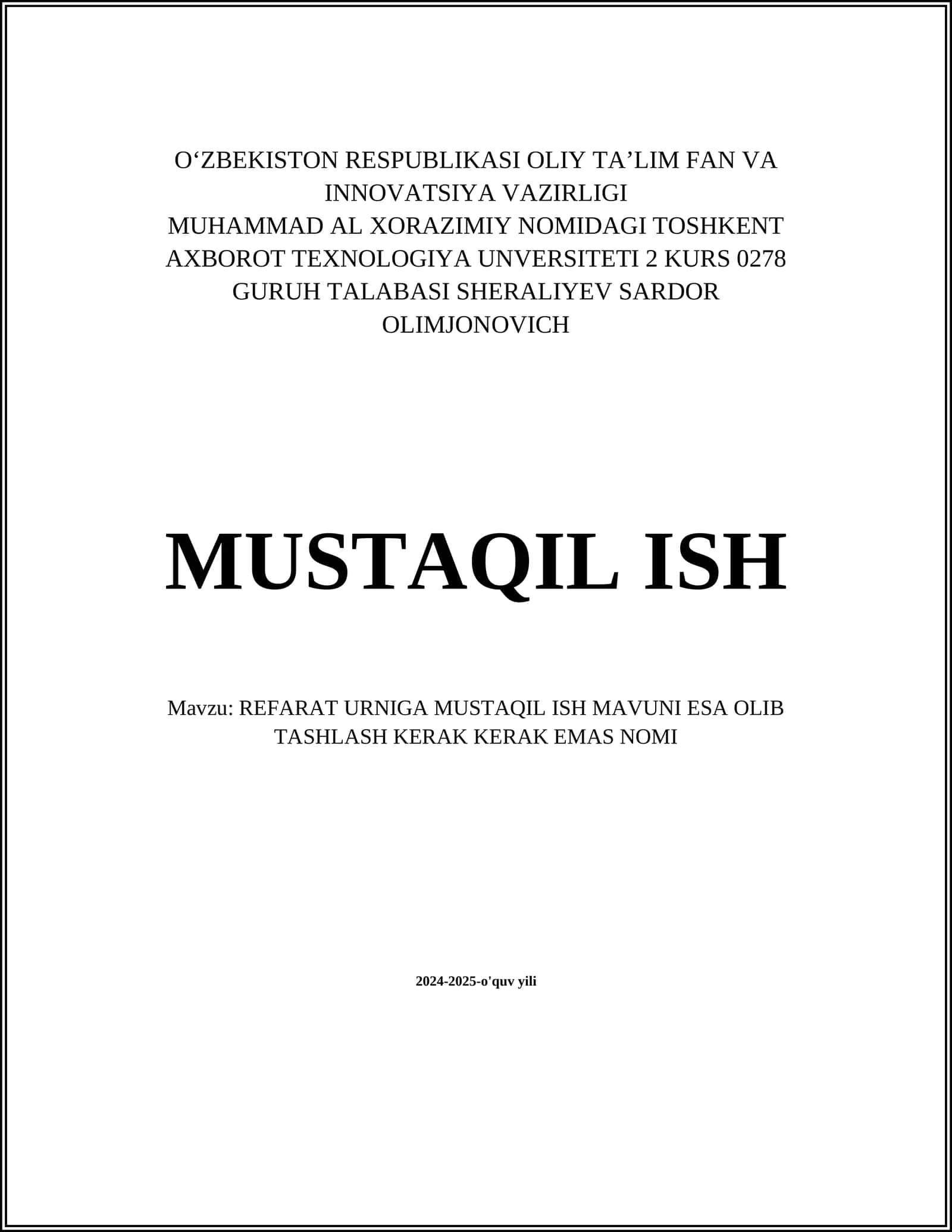 REFARAT URNIGA MUSTAQIL ISH MAVUNI ESA OLIB TASHLASH KERAK KERAK EMAS NOMI 1