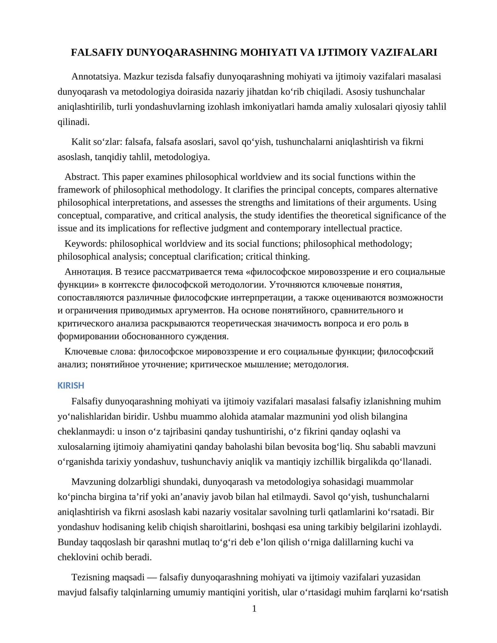 FALSAFIY DUNYOQARASHNING MOHIYATI VA IJTIMOIY VAZIFALARI 1