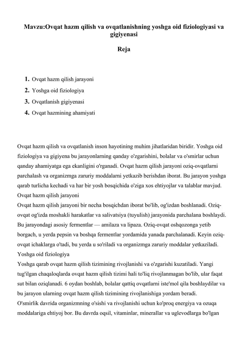 Ovqat hazm qilish va ovqatlanishning yoshga oid fiziologiyasi va gigiyenasi 1