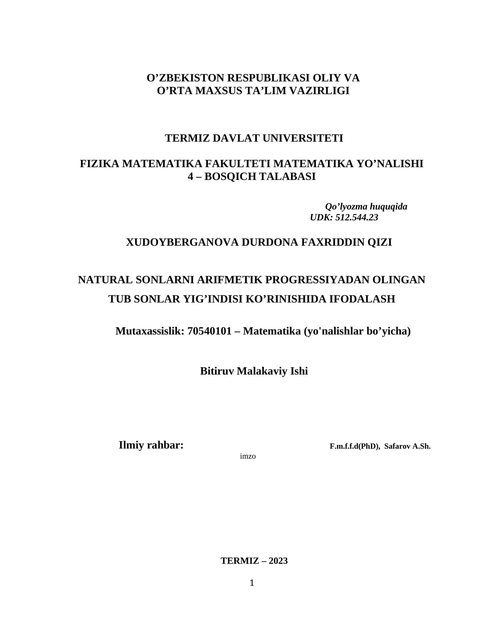 Natural sonlarni arifmetik progressiyadan olingan tub sonlar yig'indisi ko'rinishida ifodalash 1