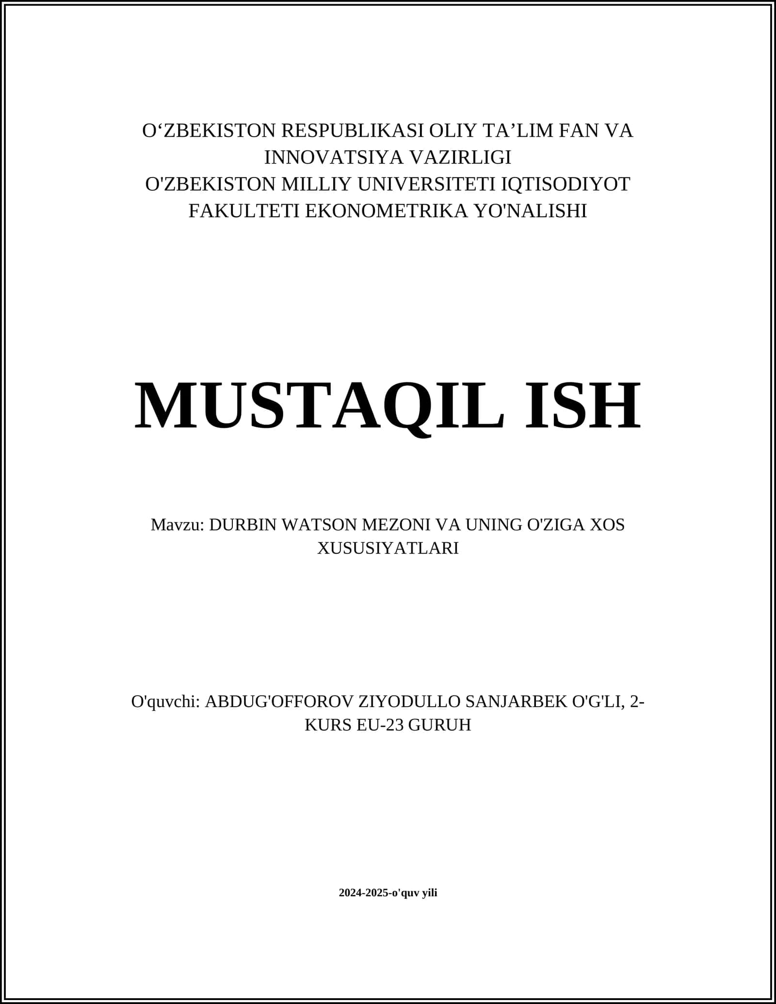 DURBIN WATSON MEZONI VA UNING O'ZIGA XOS XUSUSIYATLARI 1