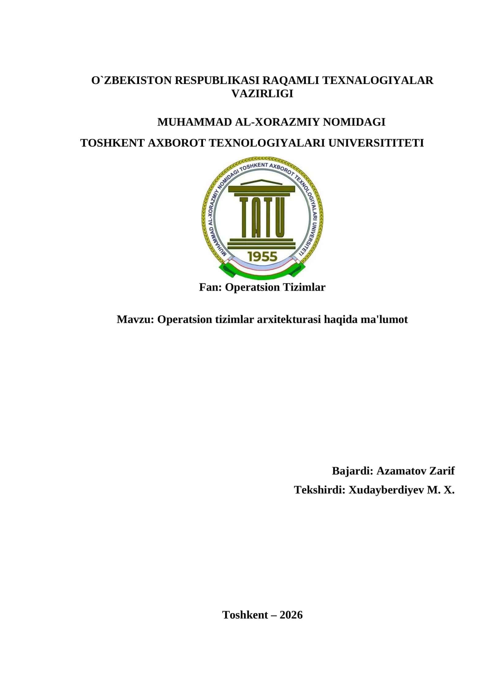 Operatsion Tizimlar Arxitekturasi 1