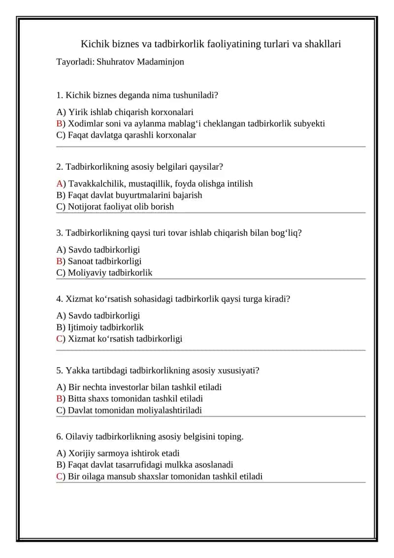 Kichik biznes va tadbirkorlik faoliyatining turlari va shakllari 1