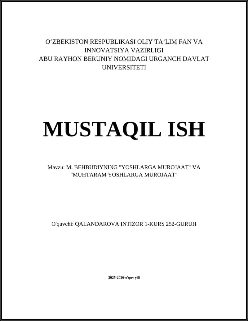 M. BEHBUDIYNING "YOSHLARGA MUROJAAT" VA "MUHTARAM YOSHLARGA MUROJAAT" 1