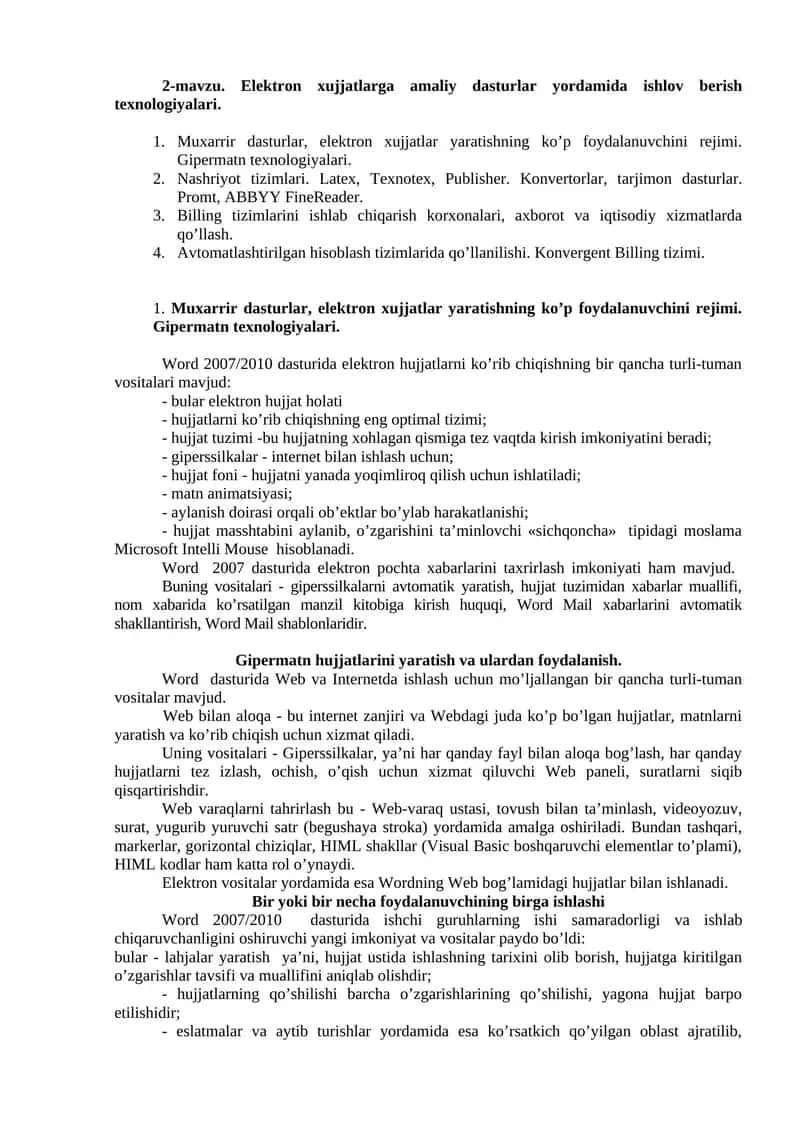 Elektron xujjatlarga amaliy dasturlar yordamida ishlov berish texnologiyalari 1