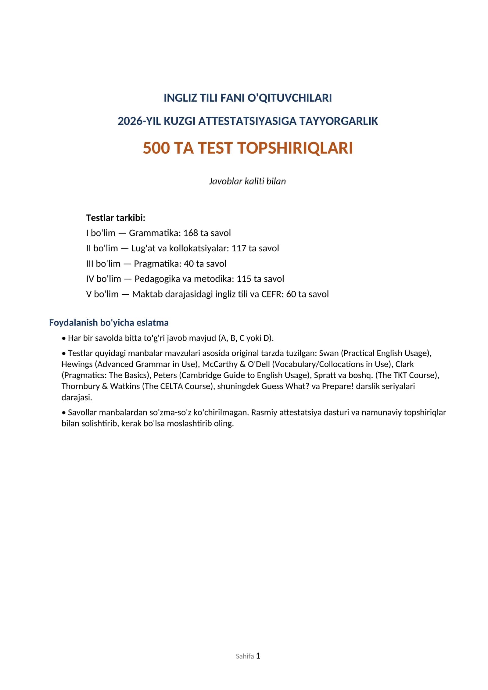 INGLIZ TILI FANI O'QITUVCHILARI 2026-YIL KUZGI ATTESTATSIYASIGA TAYYORGARLIK 500 TA TEST TOPSHIRIQLARI 1