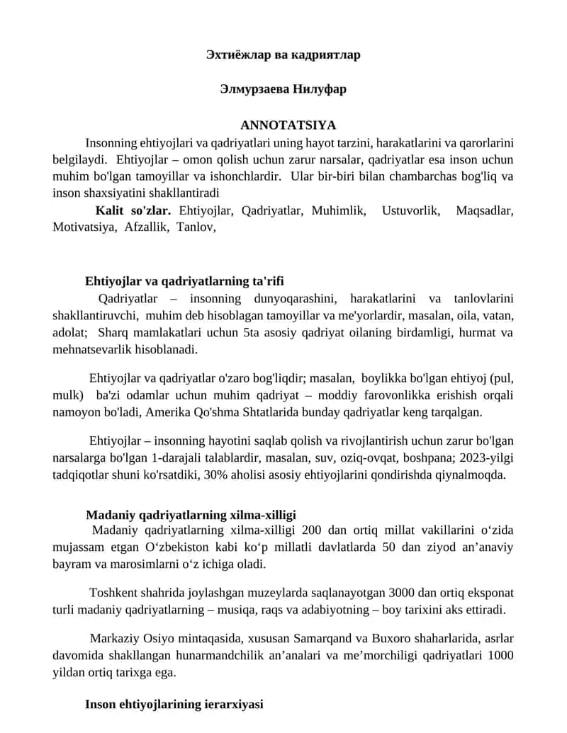 Ehtiyojlar va Qadriyatlar 1