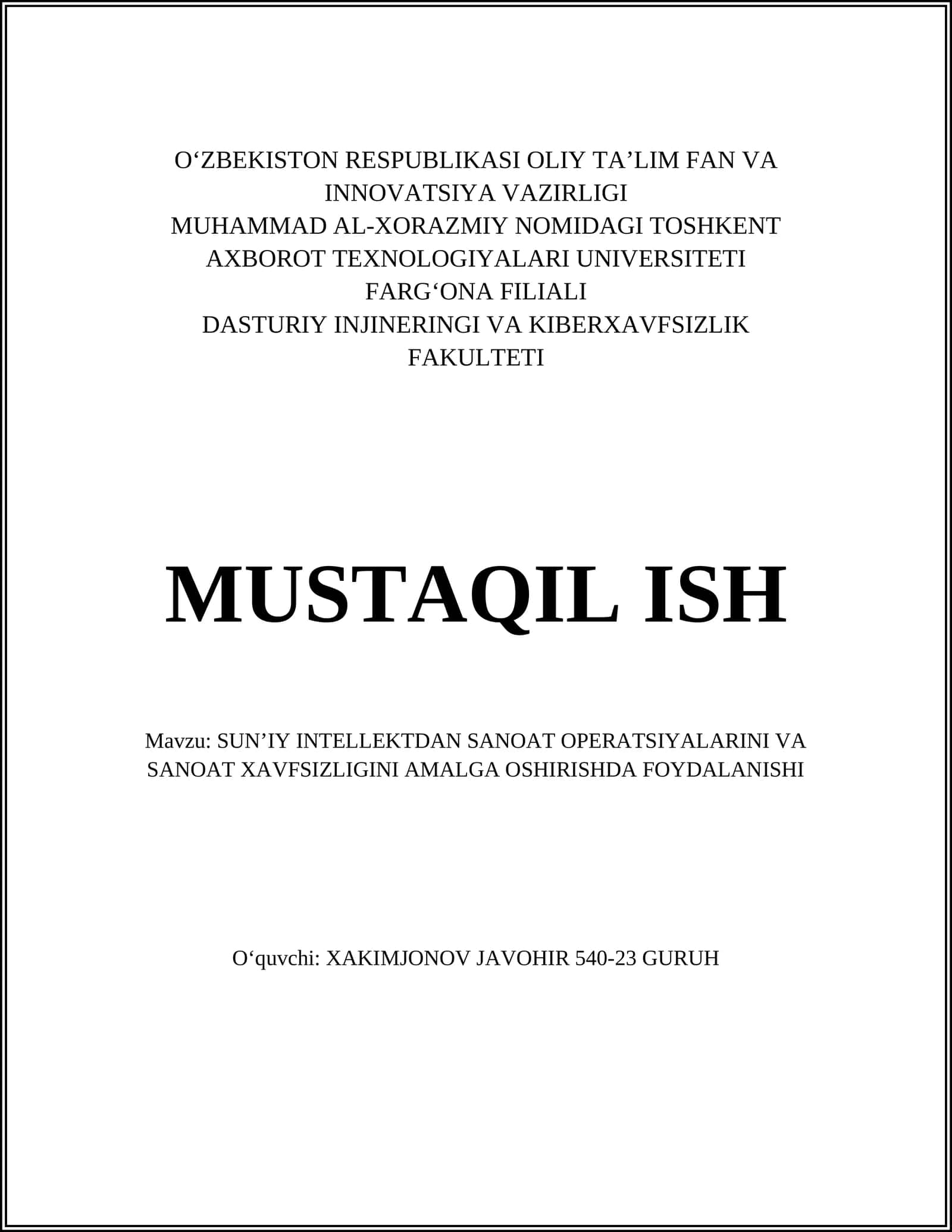 SUN’IY INTELLEKTDAN SANOAT OPERATSIYALARINI VA SANOAT XAVFSIZLIGINI AMALGA OSHIRISHDA FOYDALANISHI 1