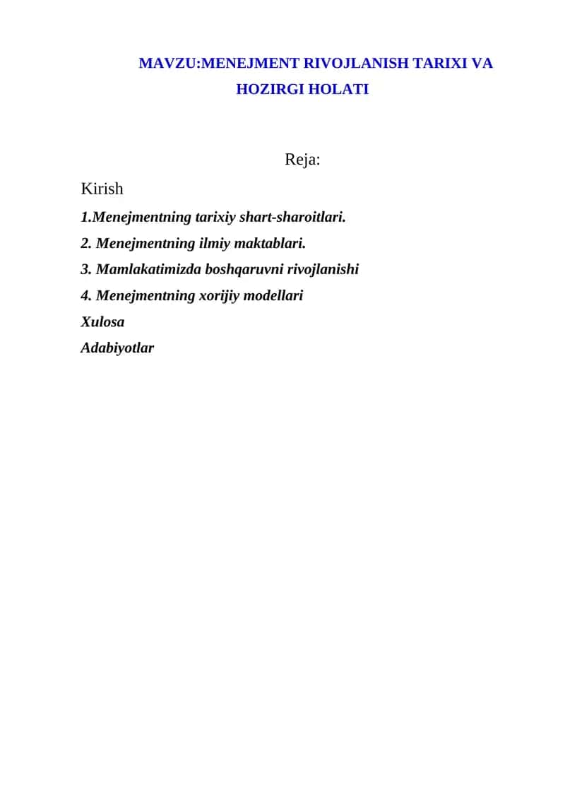 MENEJMENT RIVOJLANISH TARIXI VA HOZIRGI HOLATI 1