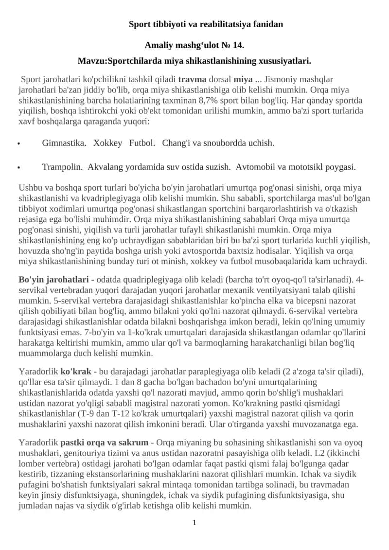 Sport tibbiyoti va reabilitatsiya fanidan 1