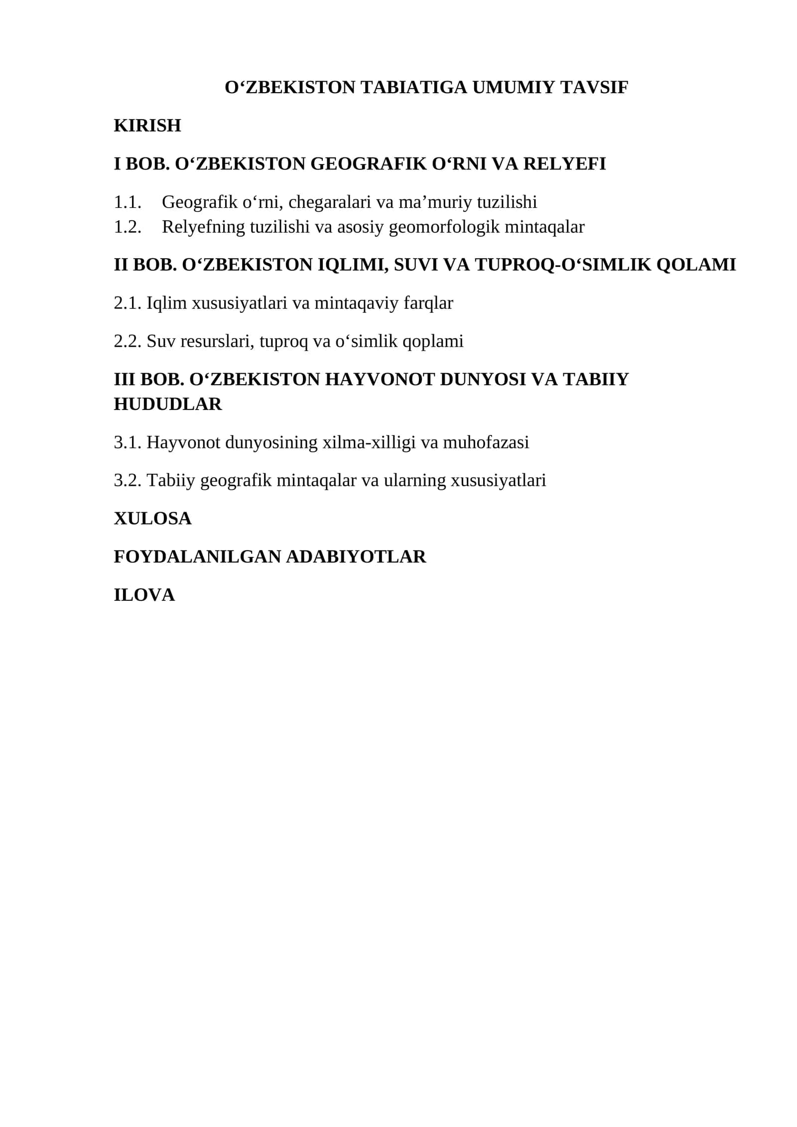 O'ZBEKISTON TABIATIGA UMUMIY TAVSIF 1