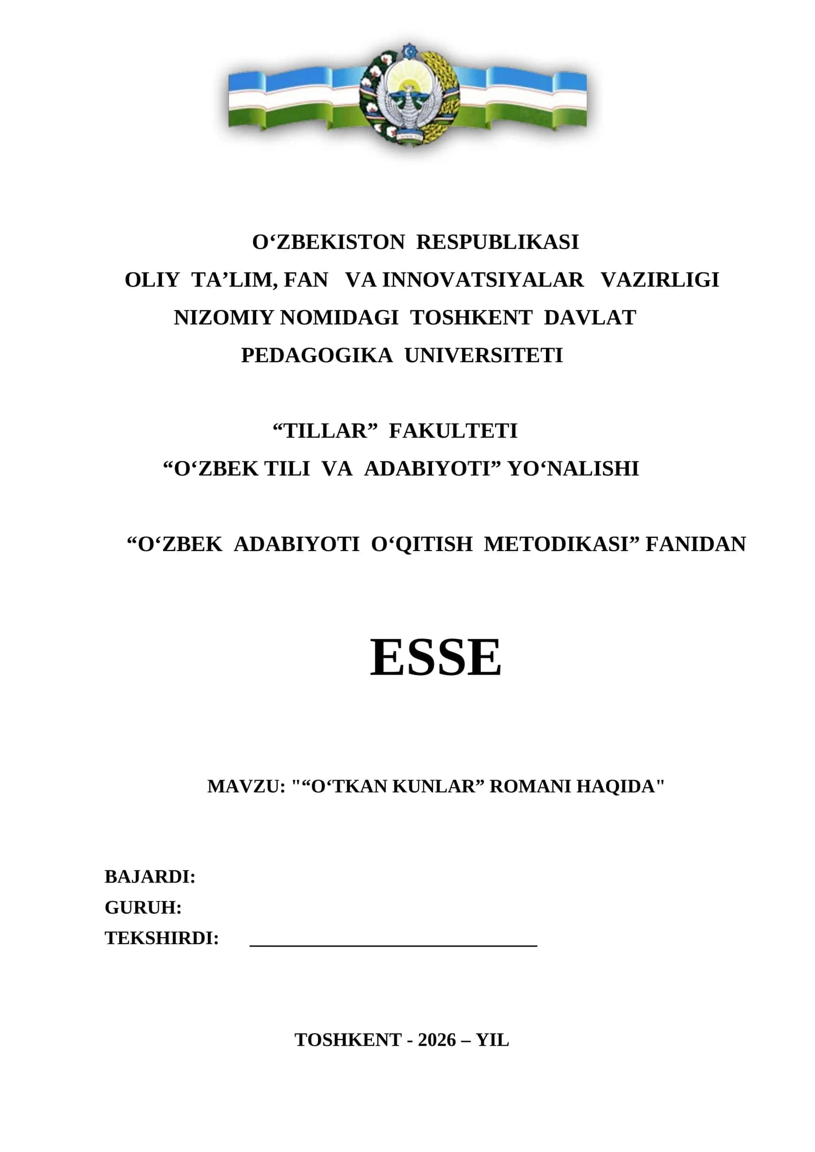"O‘TKAN KUNLAR” ROMANI HAQIDA" ESSE 1