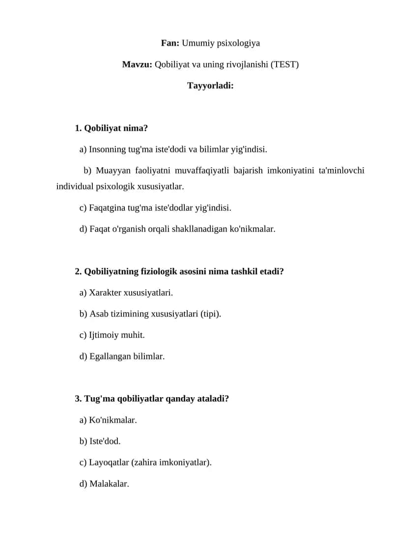 Qobiliyat va uning rivojlanishi (TEST) 1