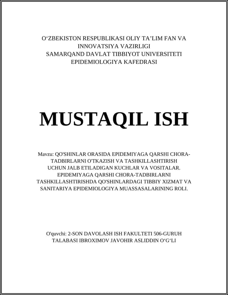 Epidemiyaga Qarshi Chora-Tadbirlar 1