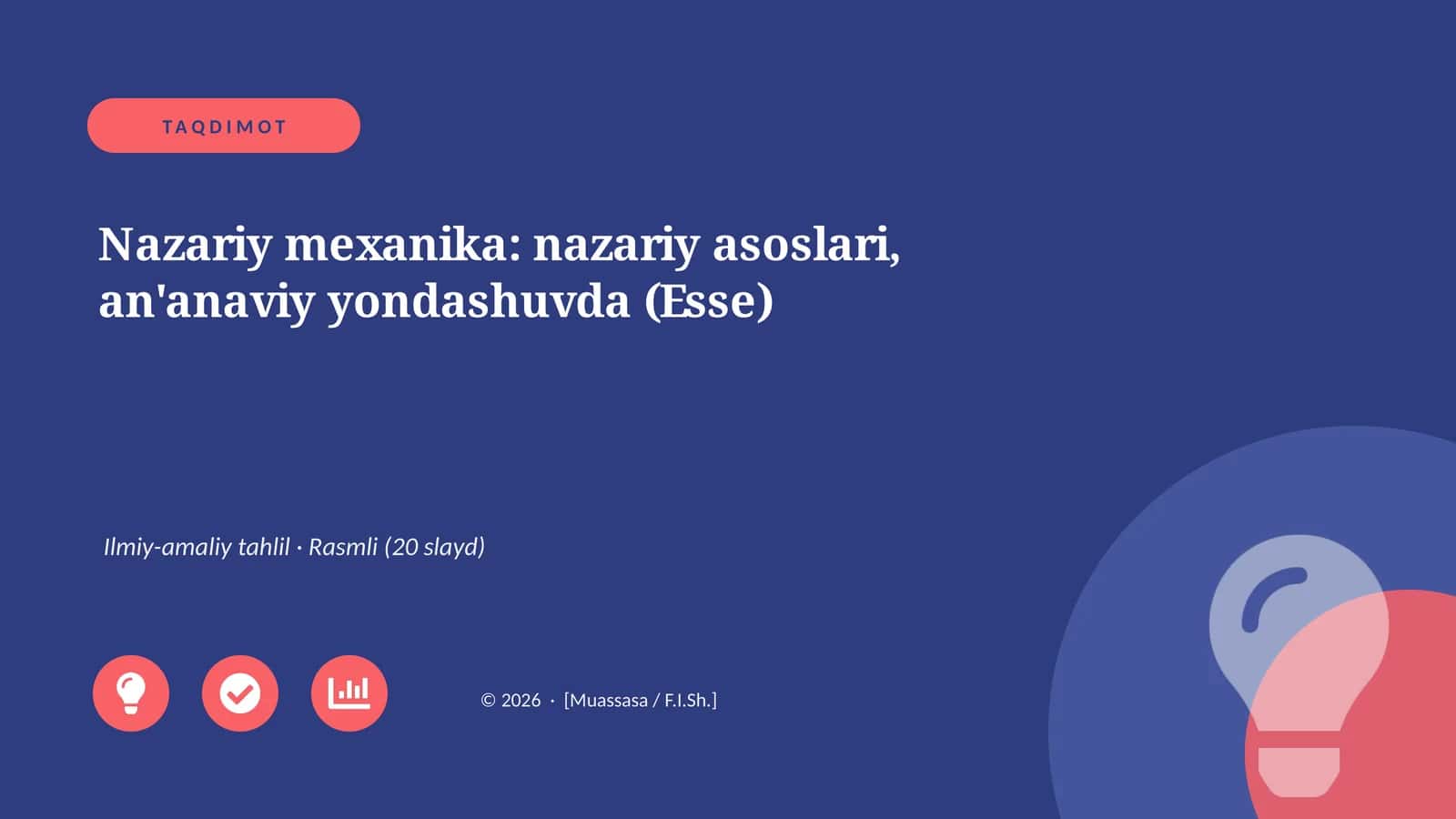 Nazariy mexanika: nazariy asoslari, an'anaviy yondashuvda (Esse) 1