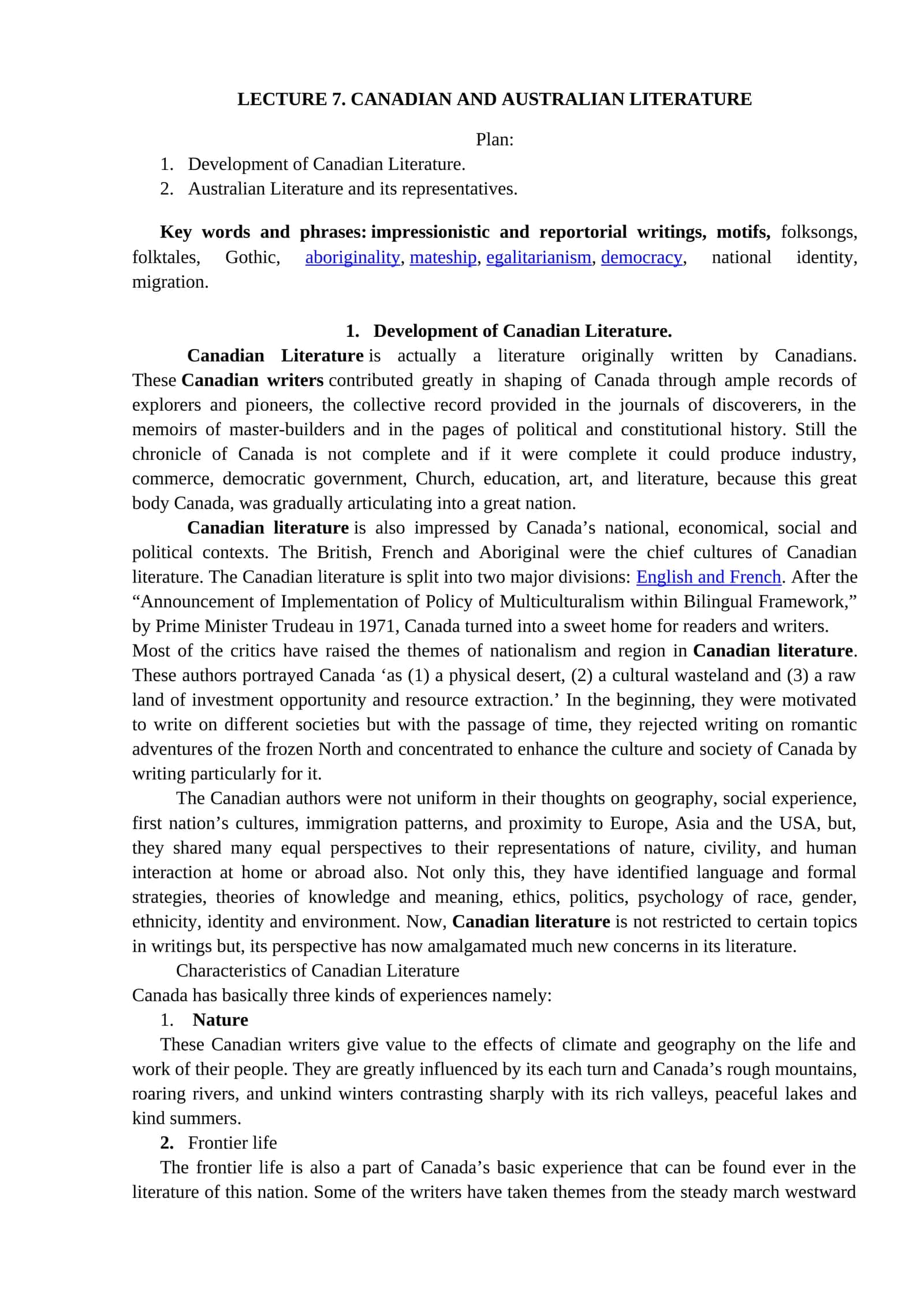 LECTURE 7. CANADIAN AND AUSTRALIAN LITERATURE 1