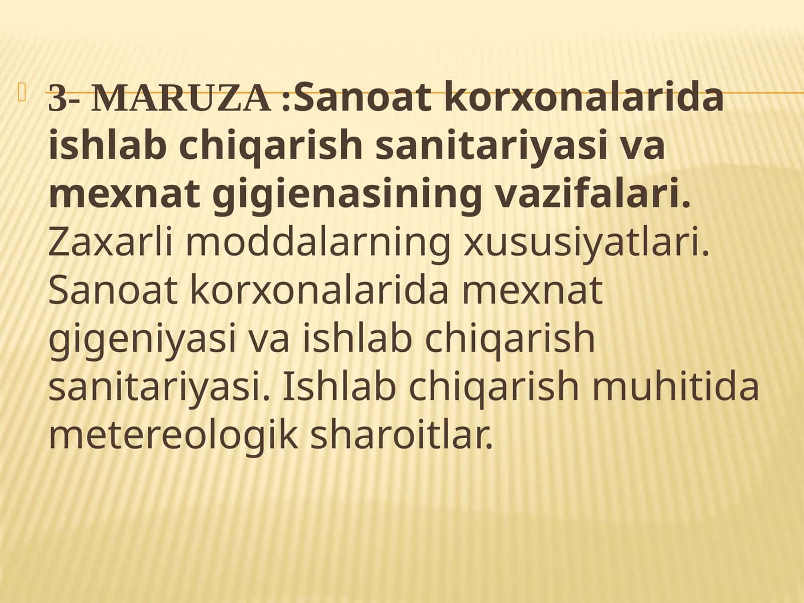Sanoatkorxonalarida ishlab chiqarish sanitariyasi va mexnat gigienasining vazifalari. Zaxarli moddalarning xususiyatlari. Sanoat korxonalarida mexnat gigeniyasi va ishlab chiqarish sanitariyasi. Ishlab chiqarish muhitida metereologik sharoitlar 1
