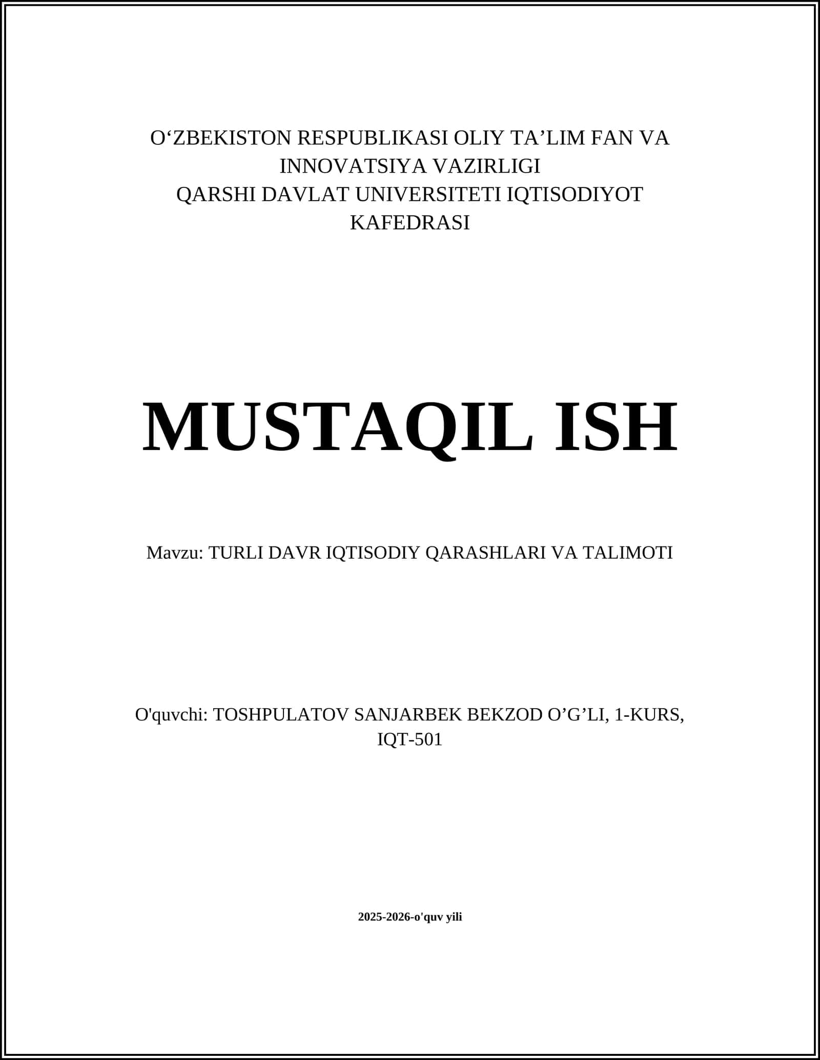 TURLI DAVR IQTISODIY QARASHLARI VA TALIMOTI 1