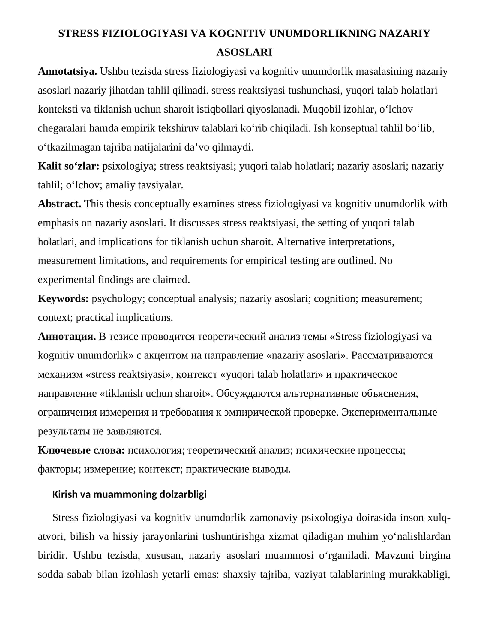 STRESS FIZIOLOGIYASI VA KOGNITIV UNUMDORLIKNING NAZARIY ASOSLARI 1