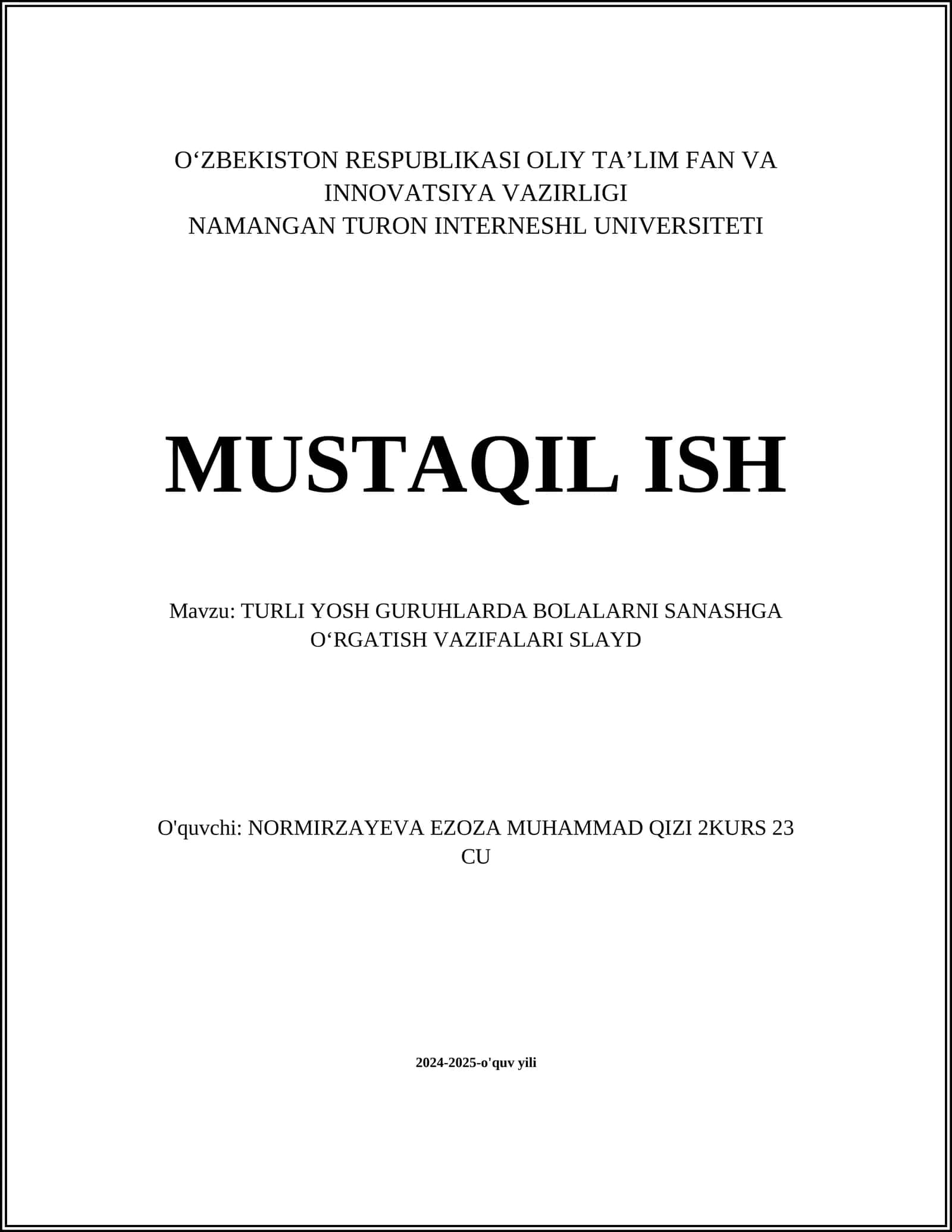 TURLI YOSH GURUHLARDA BOLALARNI SANASHGA OʻRGATISH VAZIFALARI SLAYD 1