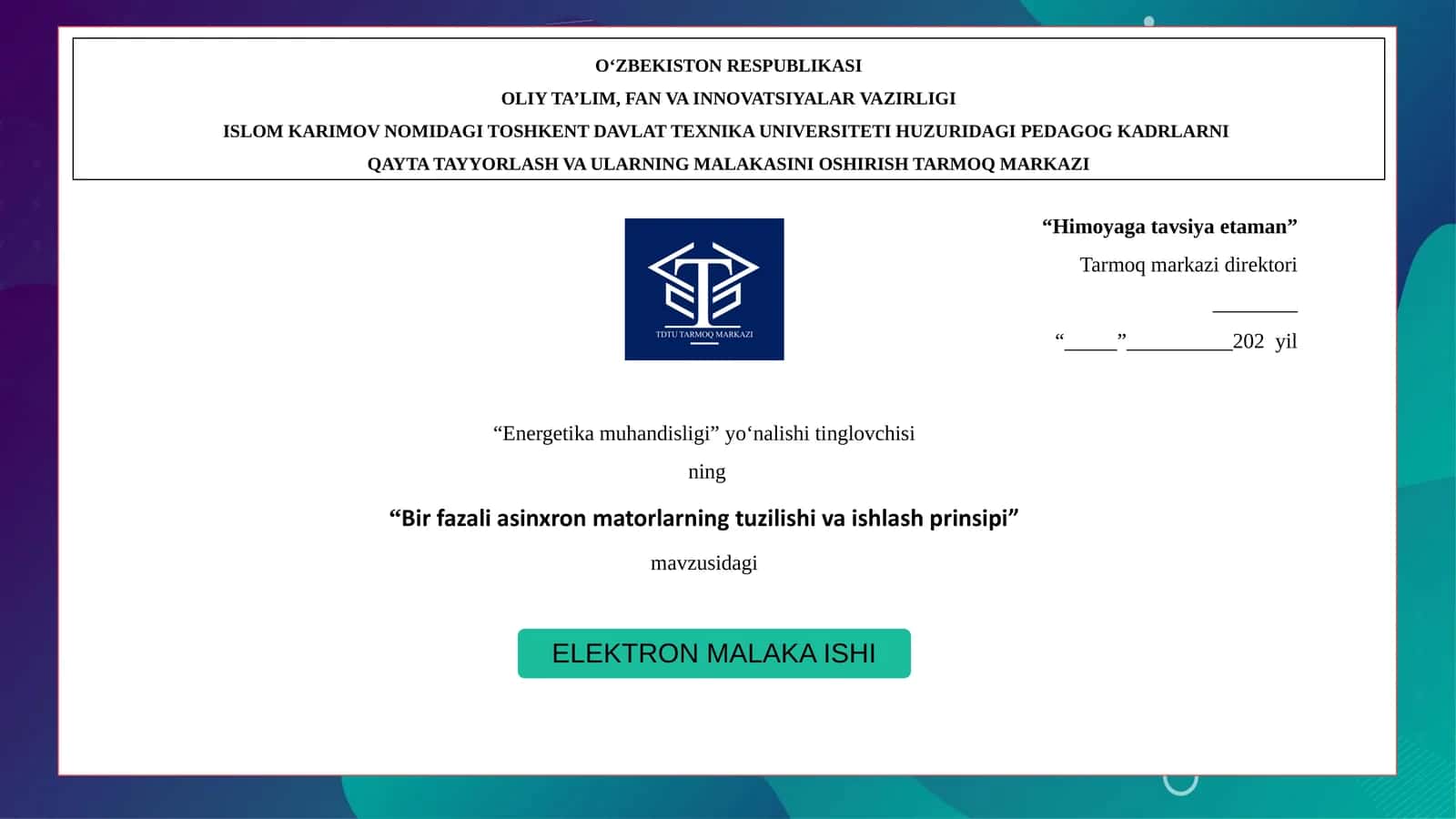 Bir fazali asinxron matorlarning tuzilishi va ishlash prinsip 1