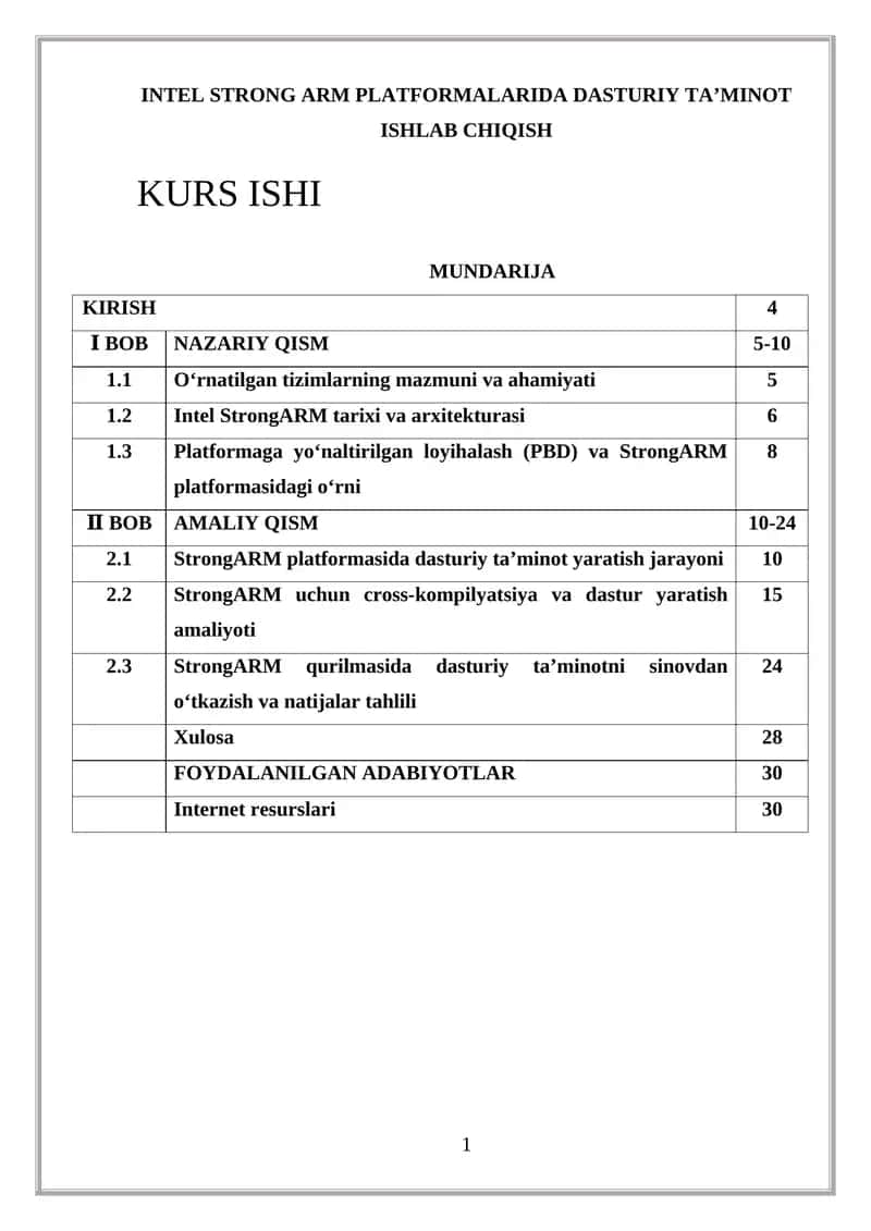INTEL STRONG ARM PLATFORMALARIDA DASTURIY TA’MINOT ISHLAB CHIQISH KURS ISHI 1
