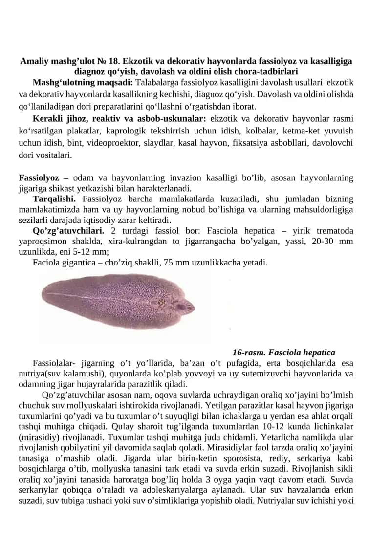 Amaliy mashg’ulot № 18. Ekzotik va dekorativ hayvonlarda fassiolyoz va kasalligiga diagnoz qo‘yish, davolash va oldini olish chora-tadbirlari 1