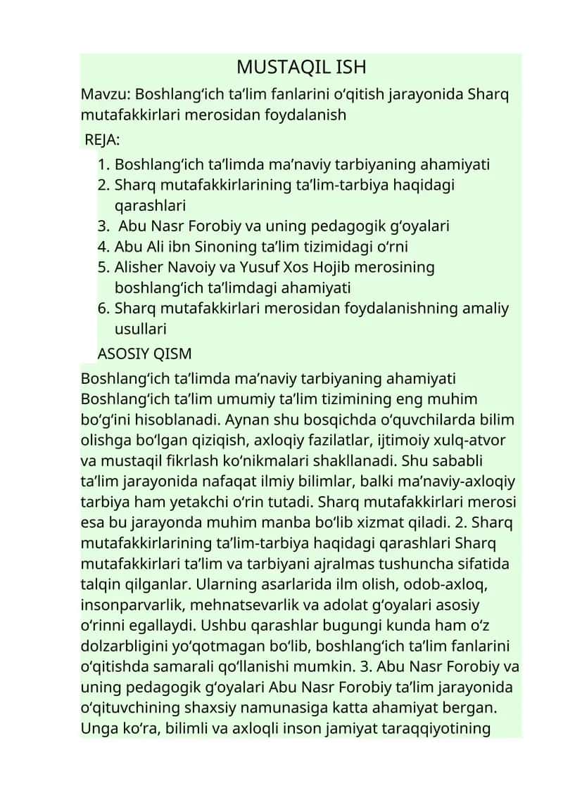 Boshlang‘ich ta’lim fanlarini o‘qitish jarayonida Sharq mutafakkirlari merosidan foydalanish 1