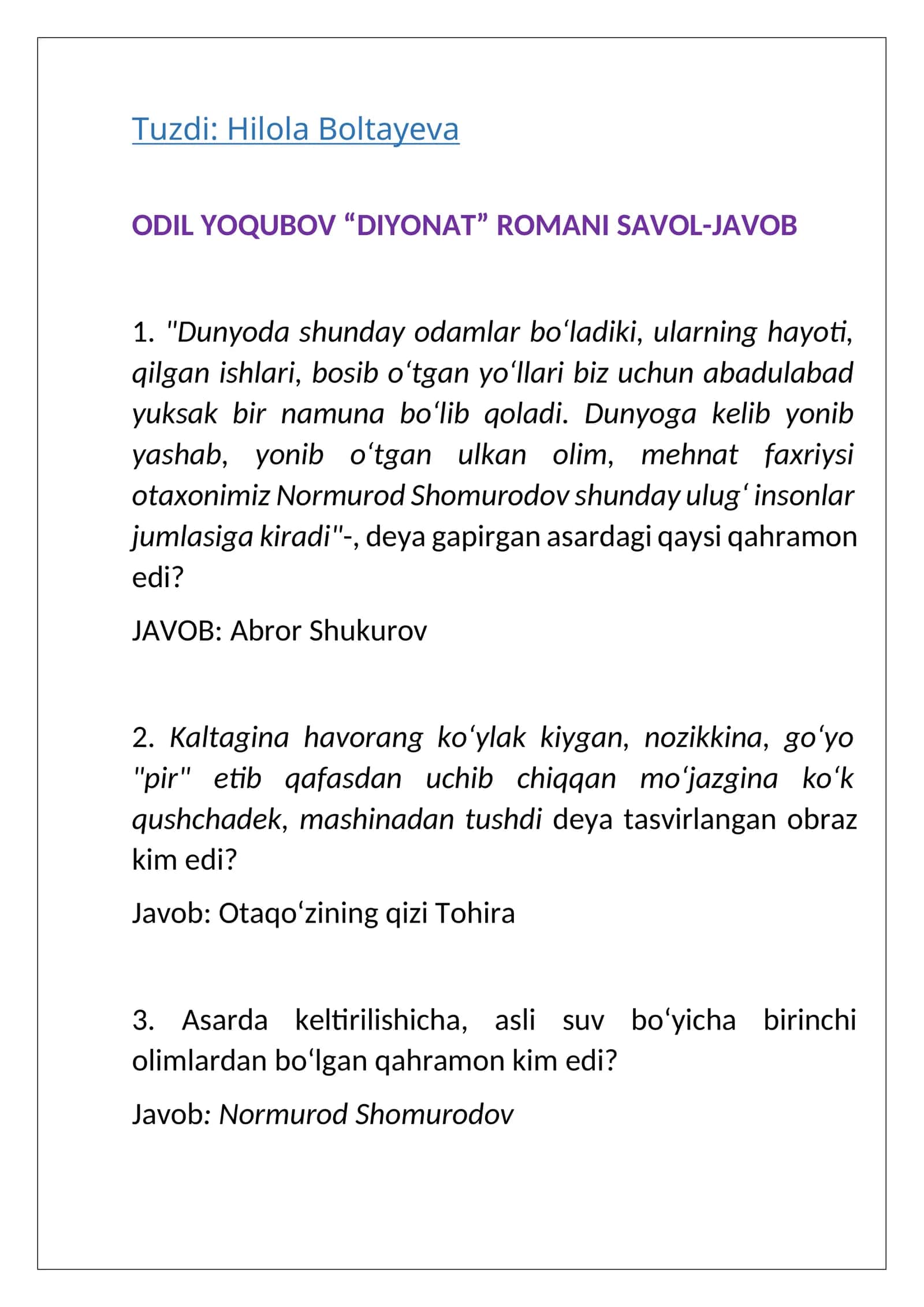 ODIL YOQUBOV “DIYONAT” ROMANI SAVOL-JAVOB 1