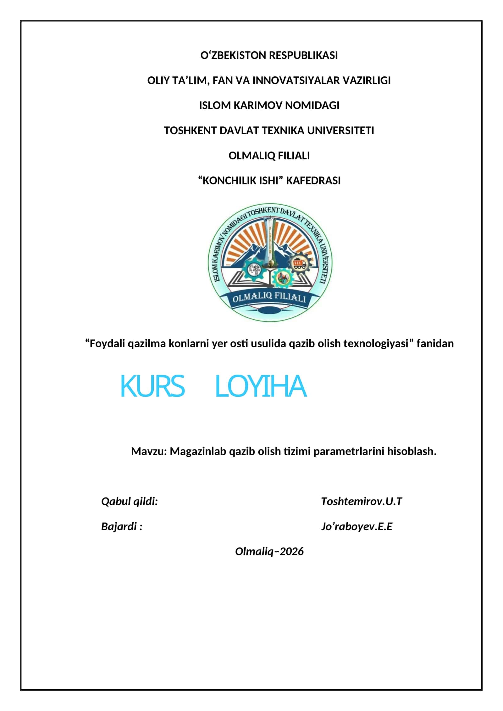 Magazinlab qazib olish tizimi parametrlarini hisoblash 1