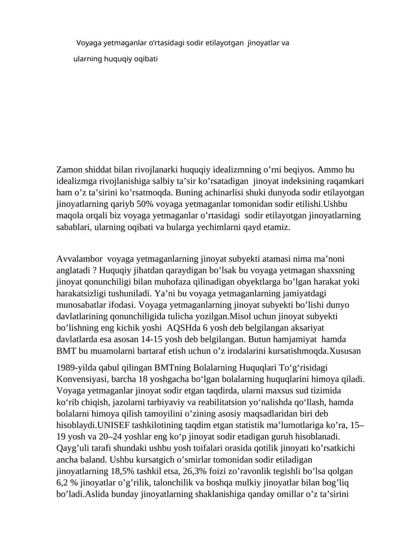 Voyaga yetmaganlar o’rtasidagi sodir etilayotgan jinoyatlar va ularning huquqiy oqibati 1