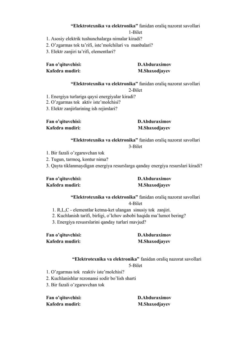 Elektrotexnika va elektronika fanidan oraliq nazorat savollari 1
