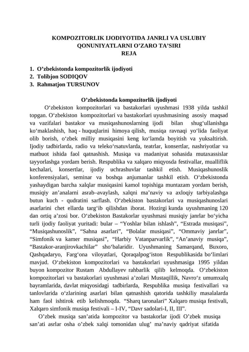 KOMPOZITORLIK IJODIYOTIDA JANRLI VA USLUBIY QONUNIYATLARNI O’ZARO TAʼSIRI 1