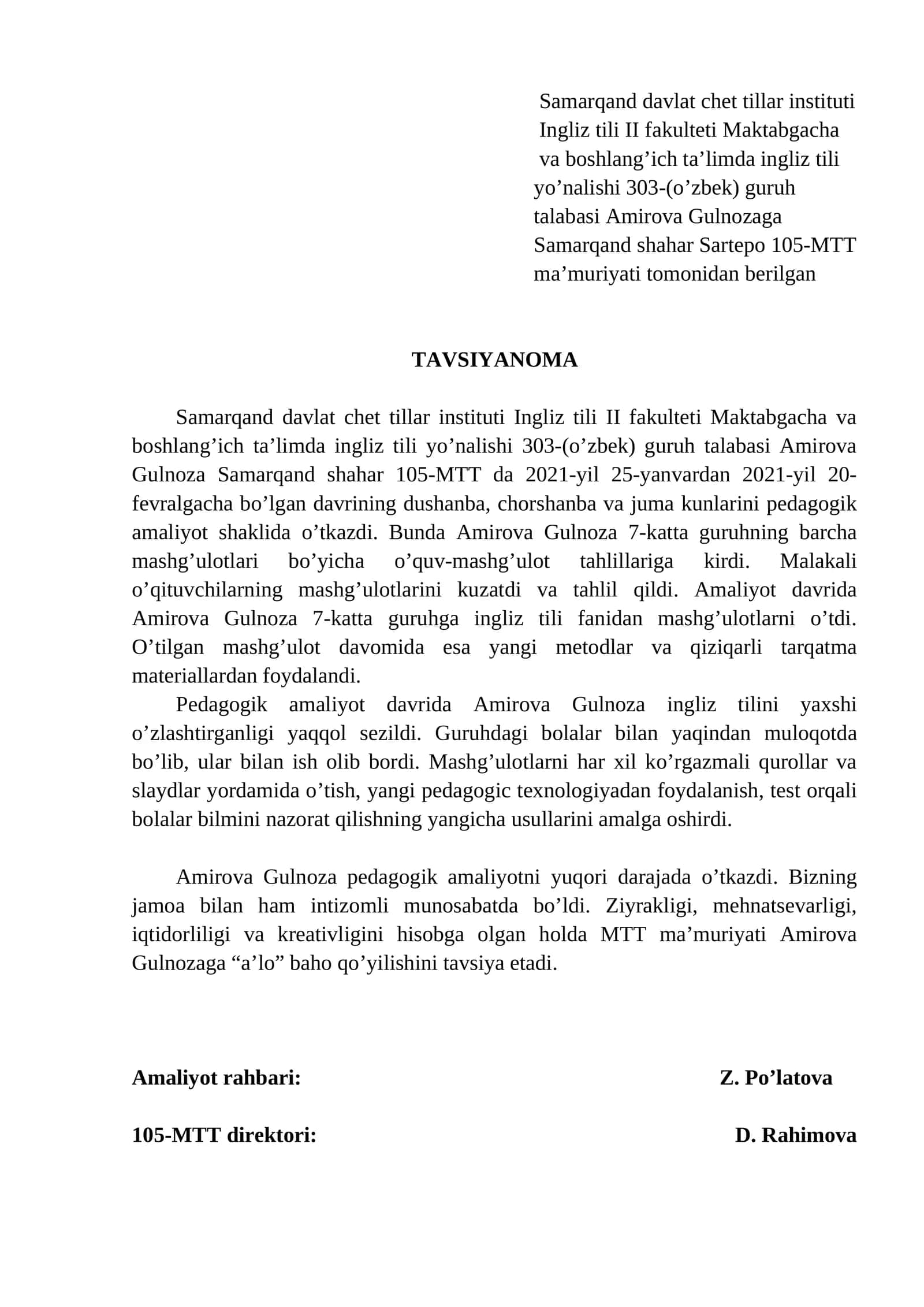 Samarqand davlat chet tillar instituti Ingliz tili II fakulteti Maktabgacha va boshlang’ich ta’limda ingliz tili yo’nalishi 303-(o’zbek) guruh talabasi Amirova Gulnozaga 1