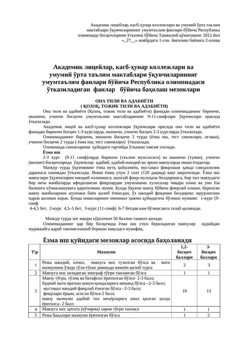 Она тили ва адабиёти (Қозоқ, Тожик тили ва адабиёти) олимпиадаси 1