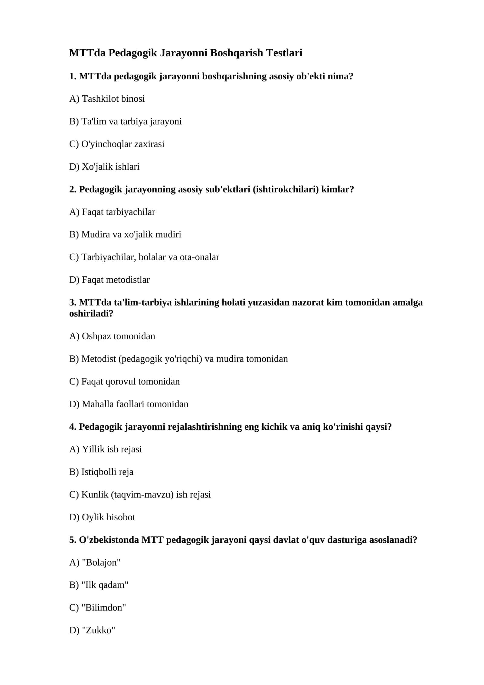 MTTda Pedagogik Jarayonni Boshqarish Testlari 1