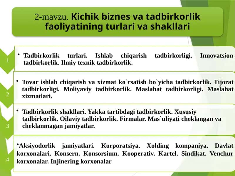 Tadbirkorlik turlari va subyektlari 1