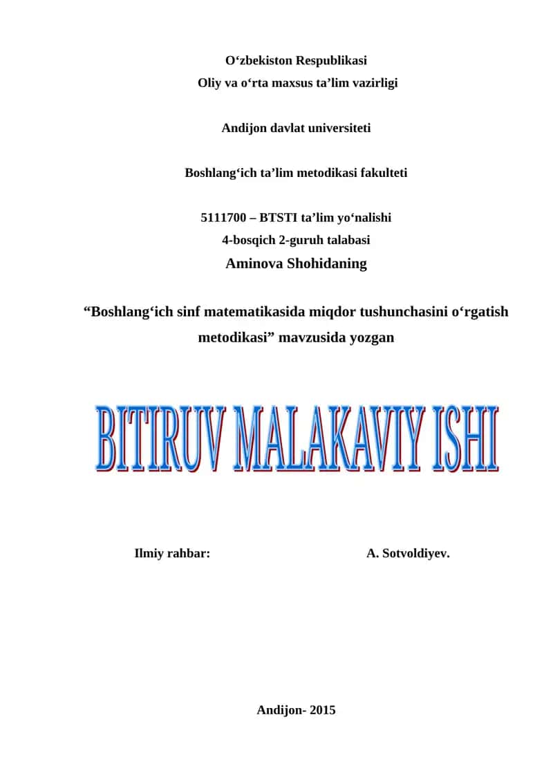 Boshlang‘ich sinf matematikasida miqdor tushunchasini o‘rgatish metodikasi 1