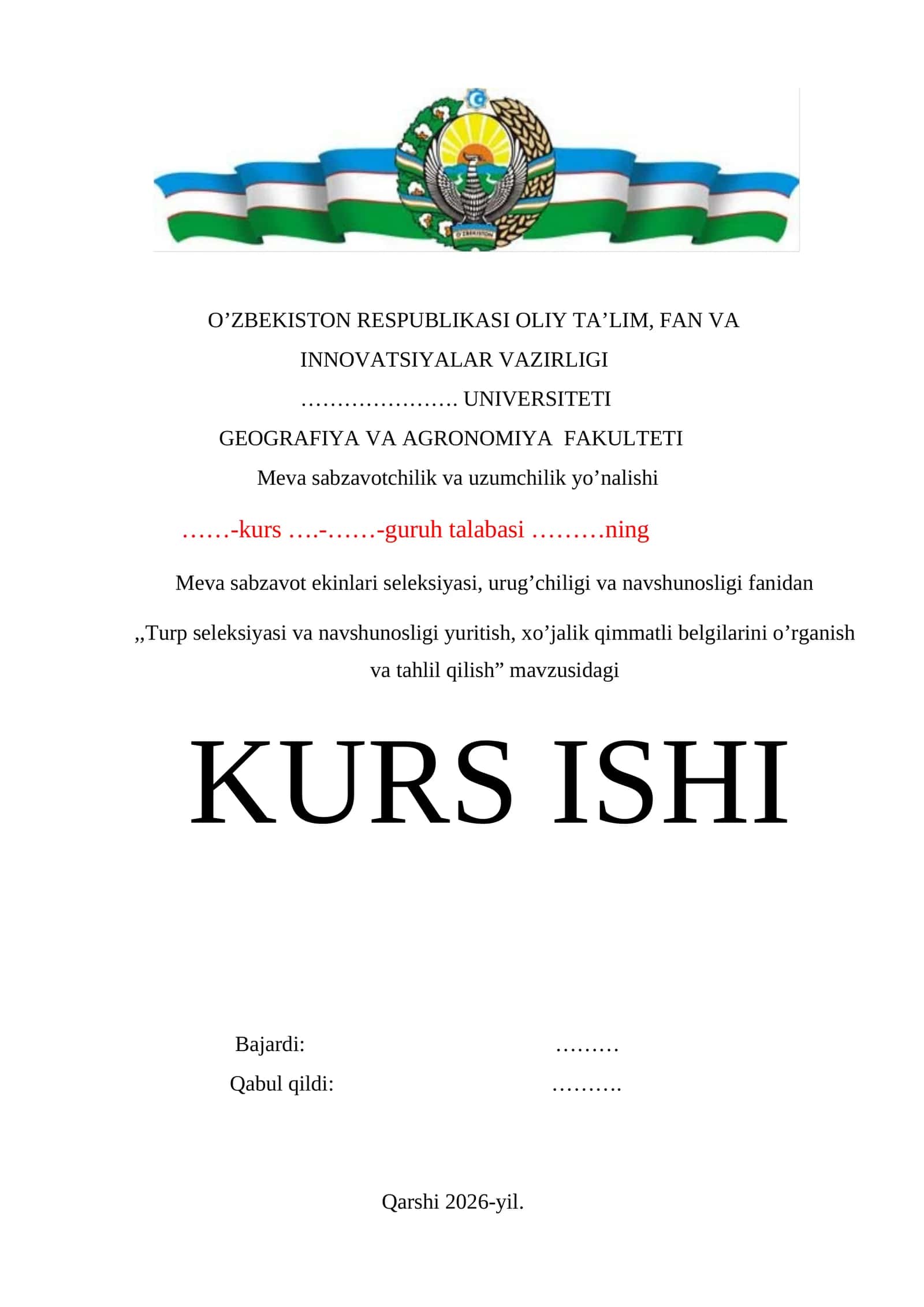 Turp seleksiyasi va navshunosligi yuritish, xo’jalik qimmatli belgilarini o’rganish va tahlil qilish mavzusida kurs ishi. 1